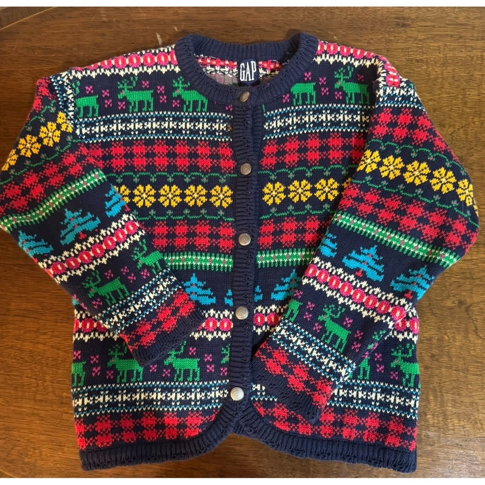 Vintage 90s GAP Kids Fair Isle Reindeer Moose Christmas Cardigan Sweater Knit M